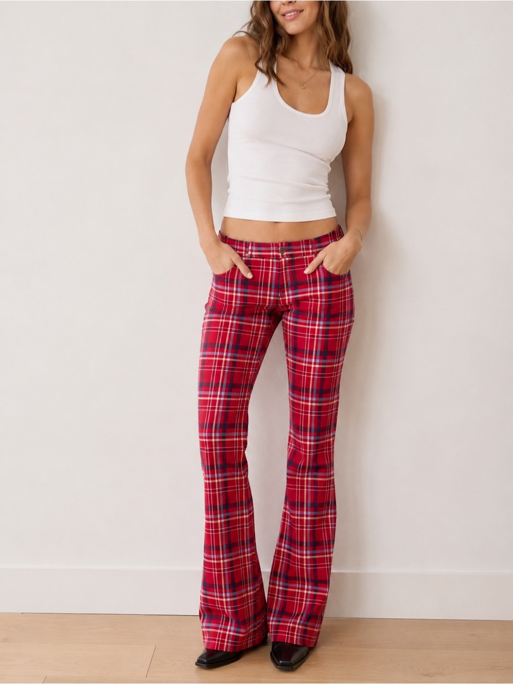 Abercrombie & Fitch Y2K Red Plaid Boot Cut Pants Preppy Punk Vintage Tartan